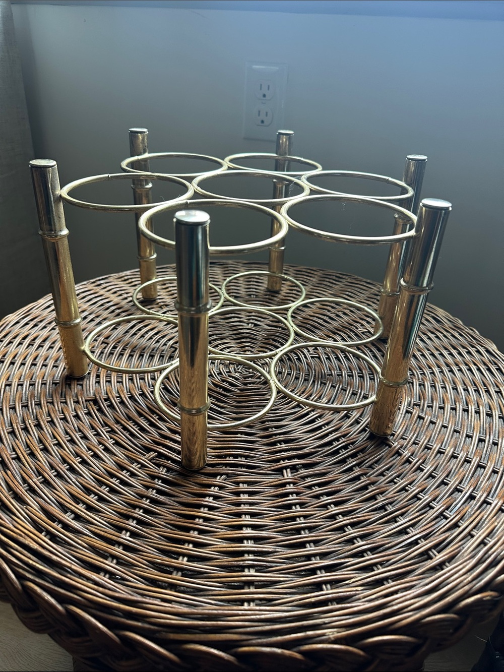 Vintage Brass Faux Bamboo 6-Bottle Wine Rack MCM Hollywood Regency Barware